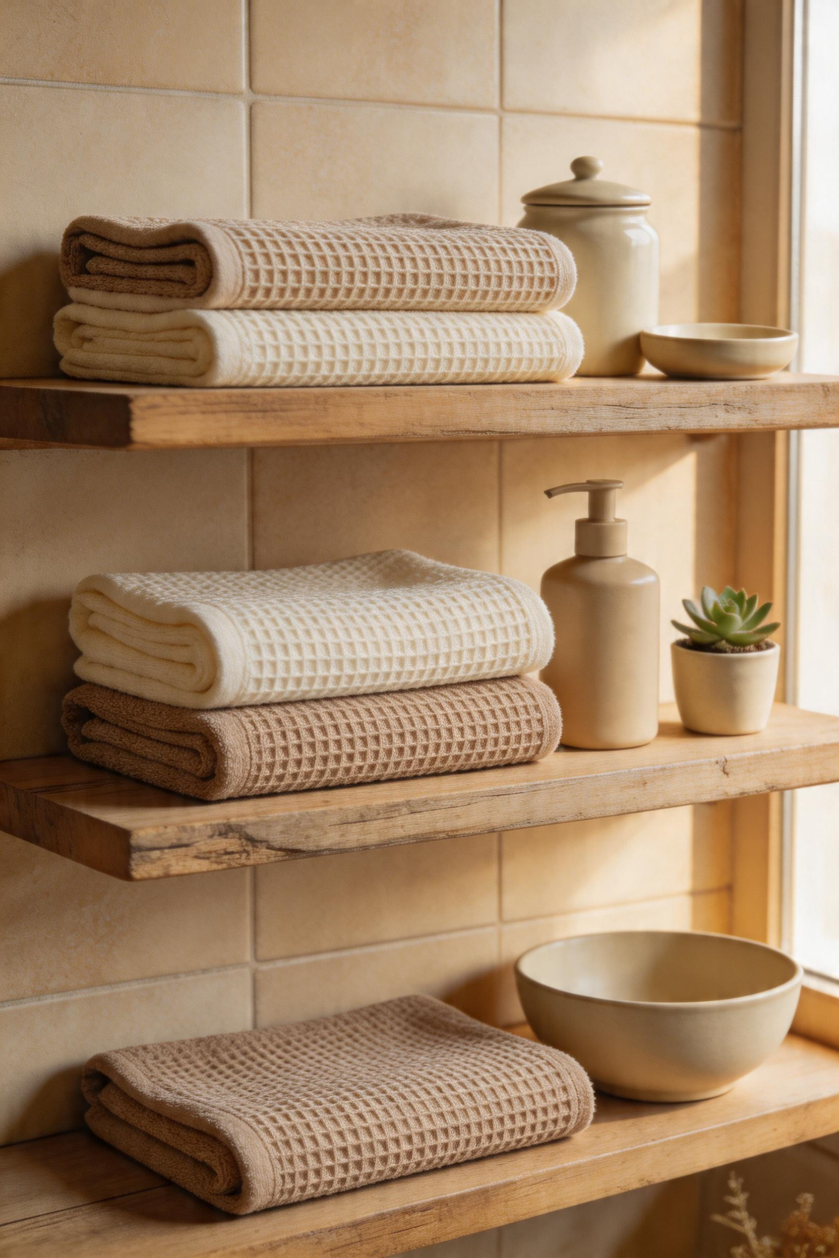 Layered linen textiles in neutral tones displayed on open shelving, demonstrating how natural fibers add warmth and authenticity to rustic bathrooms.