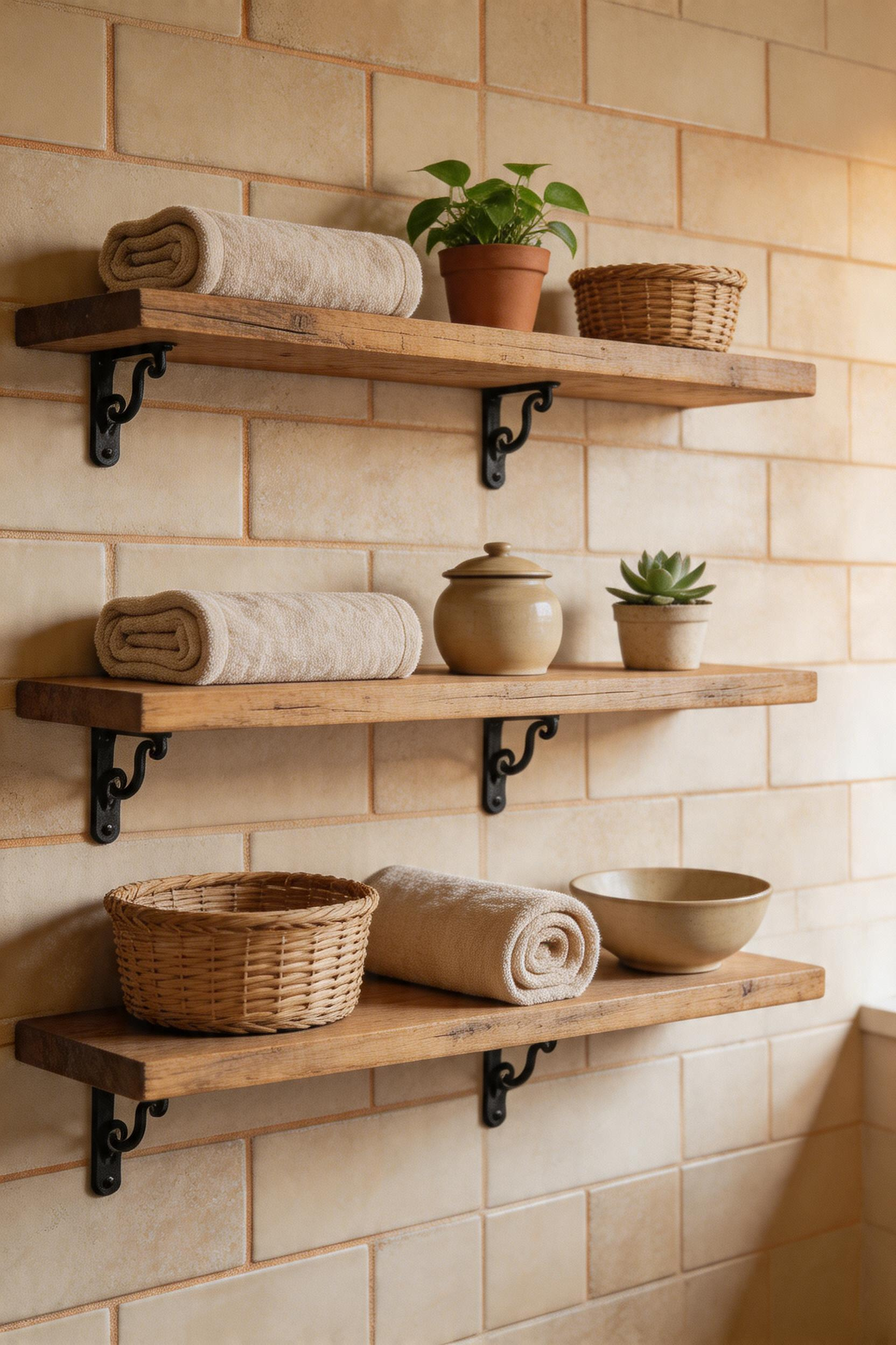Open shelving styled with curated items including textiles and natural textures, demonstrating how to create lived-in rustic appeal without clutter.