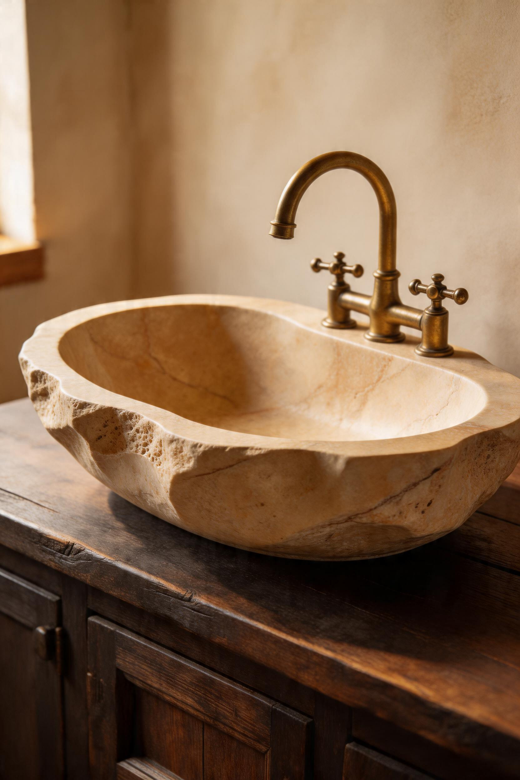 A travertine vessel sink showcasing the material's natural warmth and carved craftsmanship, paired with compatible fixture choices.