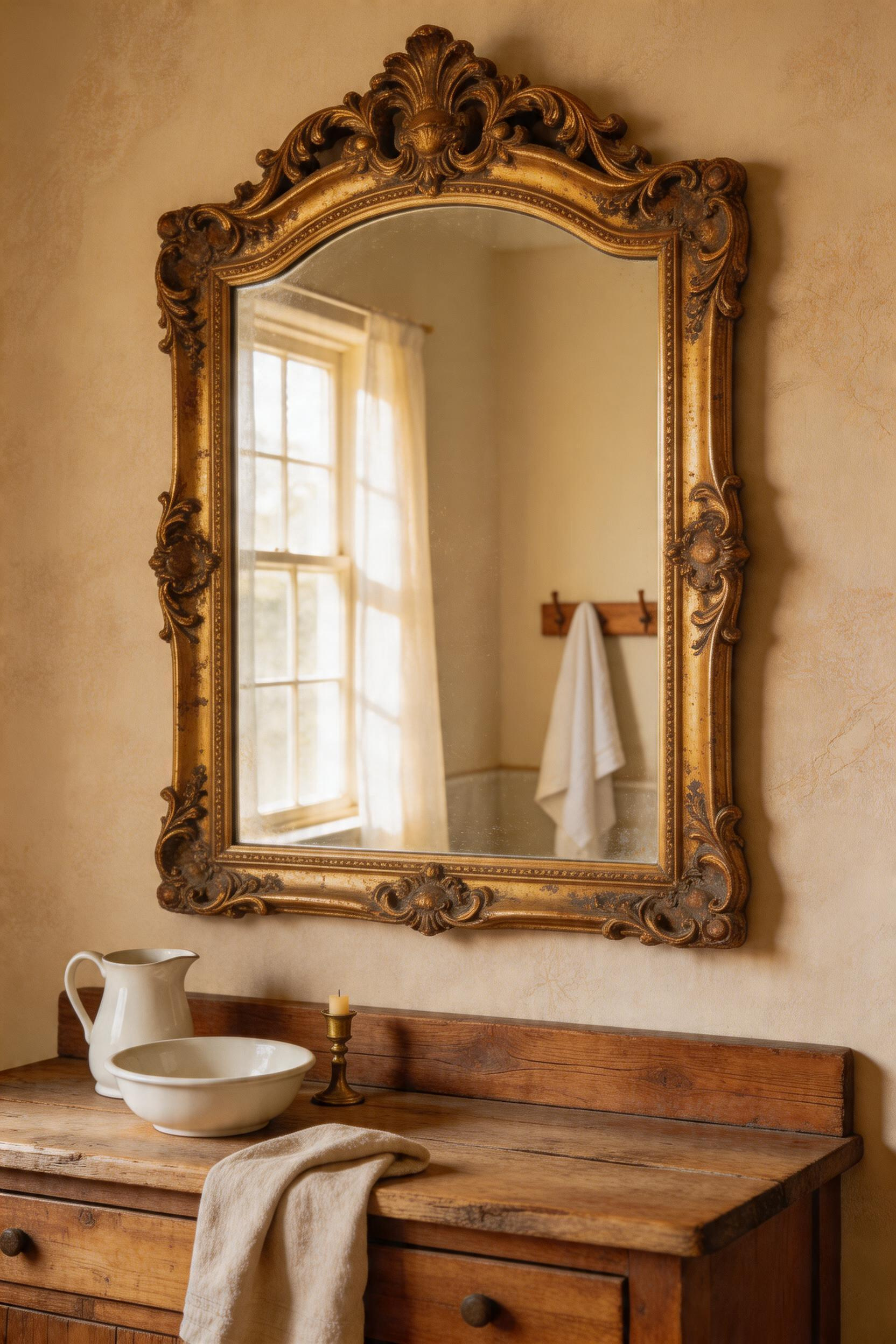 A vintage mirror frame showcasing gilded patina and ornate details, positioned to reflect light and add architectural interest to the vanity area.