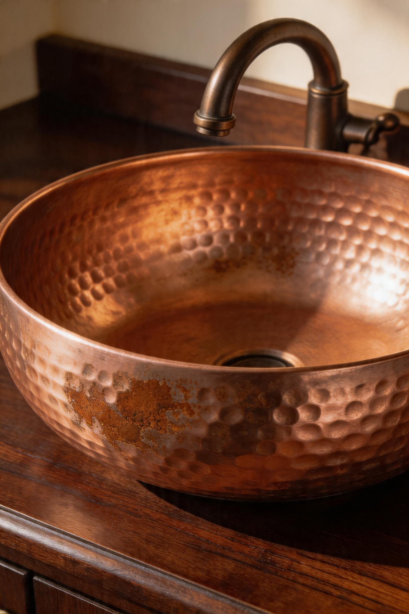 A hand-hammered copper basin showing developing patina, highlighting the organic texture and warmth that makes copper vessels distinctive in rustic bathrooms.