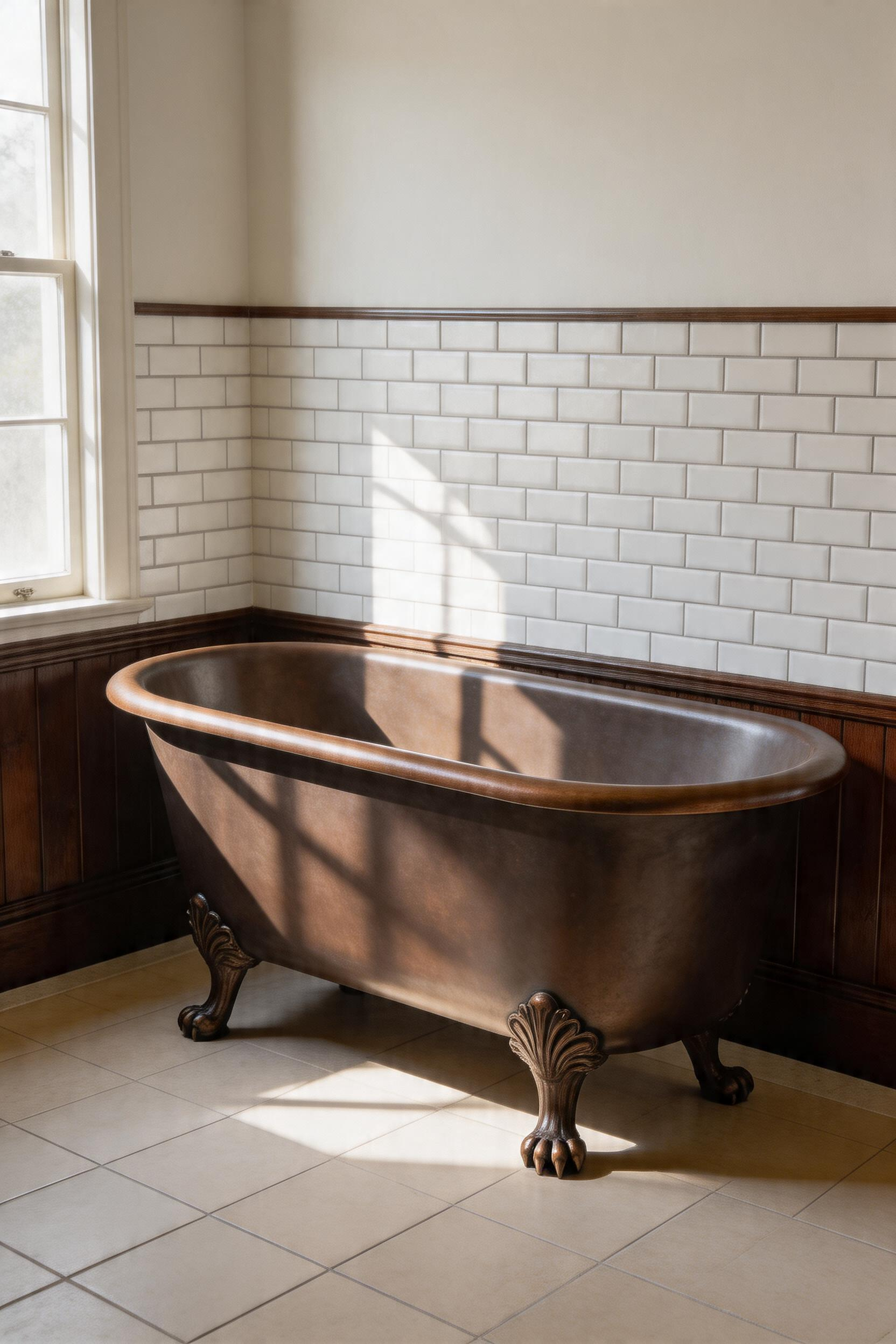 A dramatic cast iron clawfoot tub positioned as the focal point, showcasing period-appropriate styling with complementary wall treatments and natural light.