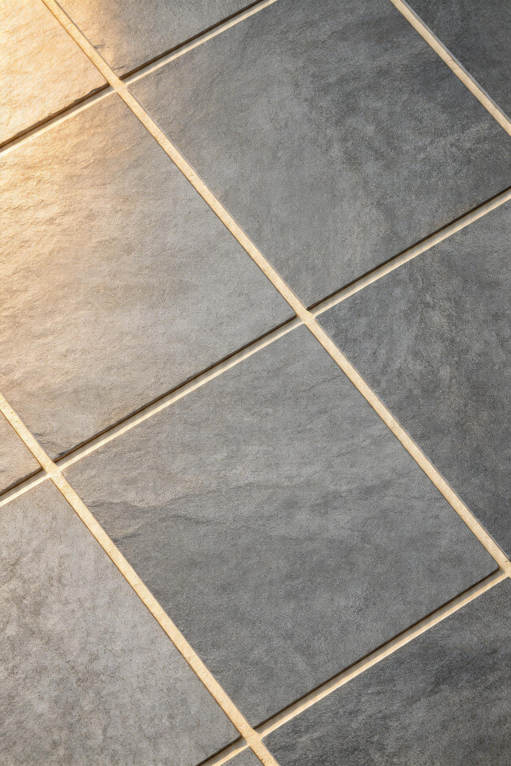 Wide-jointed slate floor with subtle texture and natural color variation, demonstrating how large stones and grout color define rustic bathroom character.