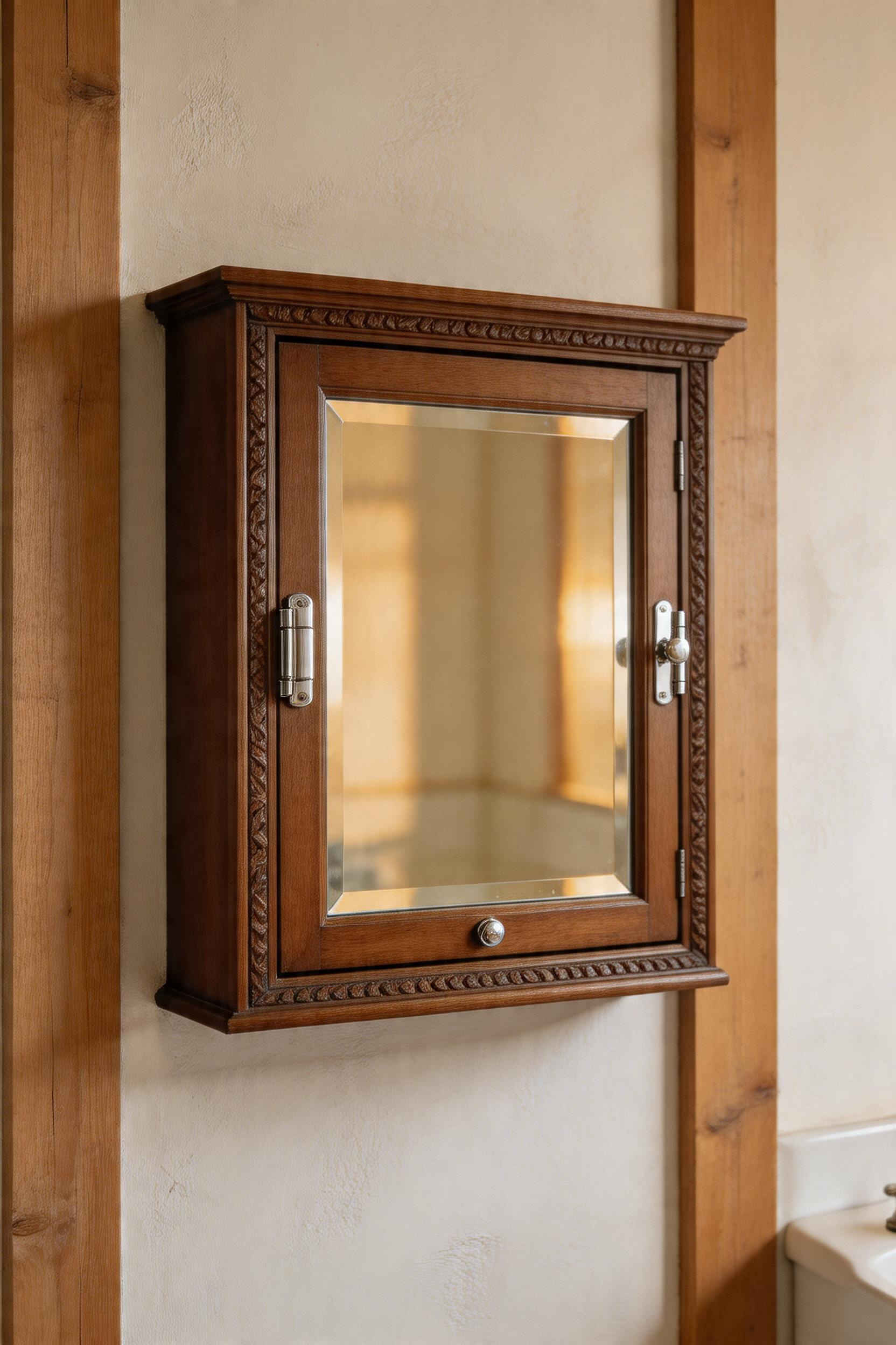 A vintage-style medicine cabinet with beveled mirror glass, demonstrating how period-appropriate fixtures integrate seamlessly into rustic bathroom design.