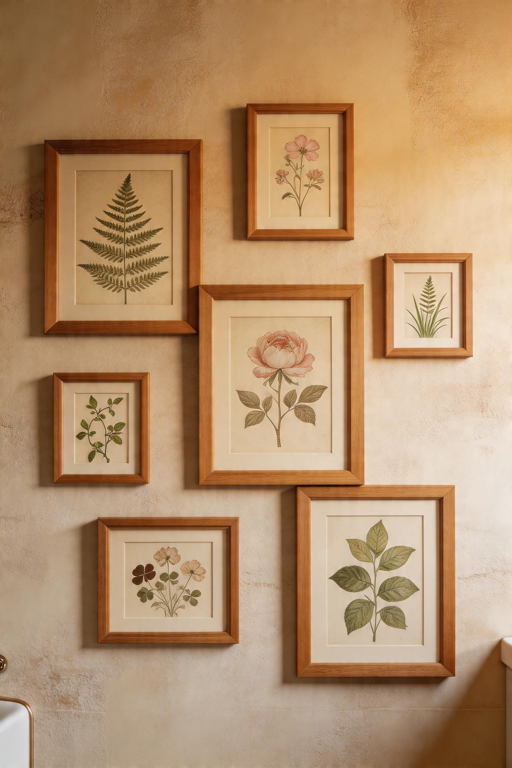 A carefully arranged collection of botanical prints in period frames, showing how vintage scientific illustrations add refined character to rustic bathroom walls.