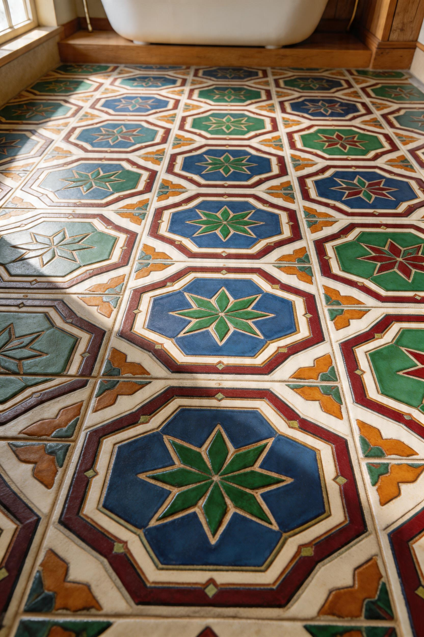 Encaustic cement tiles with intricate Victorian patterns, showcasing the handcrafted quality and color depth that distinguishes these tiles from modern alternatives.