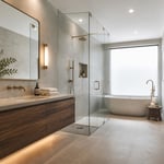 The complete modern bathroom design: floating walnut vanity, frameless glass shower, freestanding stone resin tub, and brushed brass throughout — warm, spare, and considered.