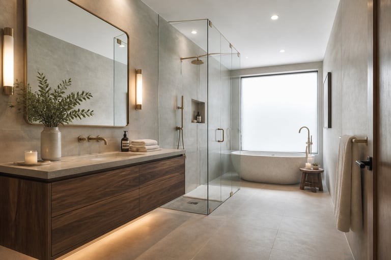 The complete modern bathroom design: floating walnut vanity, frameless glass shower, freestanding stone resin tub, and brushed brass throughout — warm, spare, and considered.