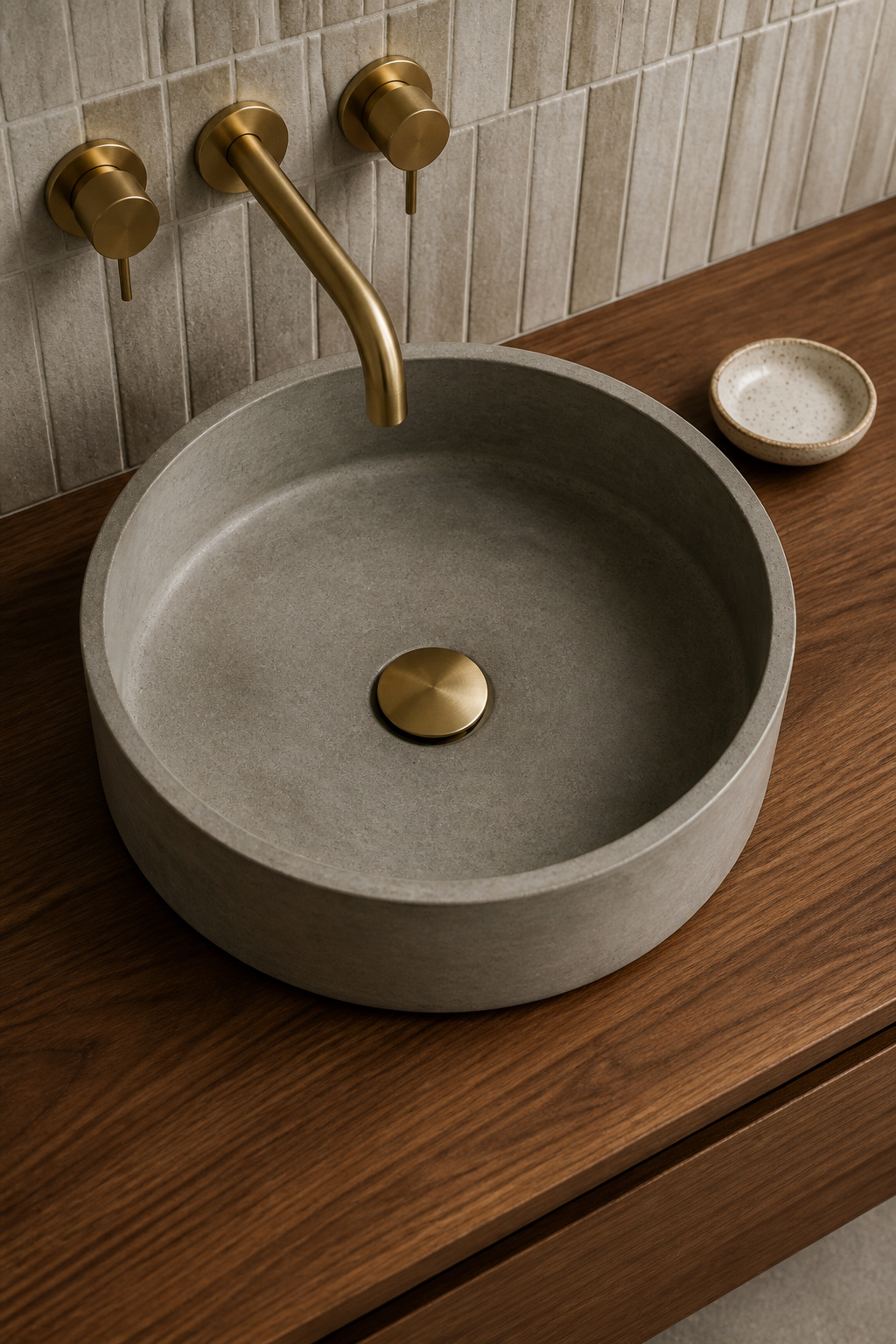 A GFRC concrete basin in warm grey — matte, hand-finished, and unlike any two other sinks in the world.