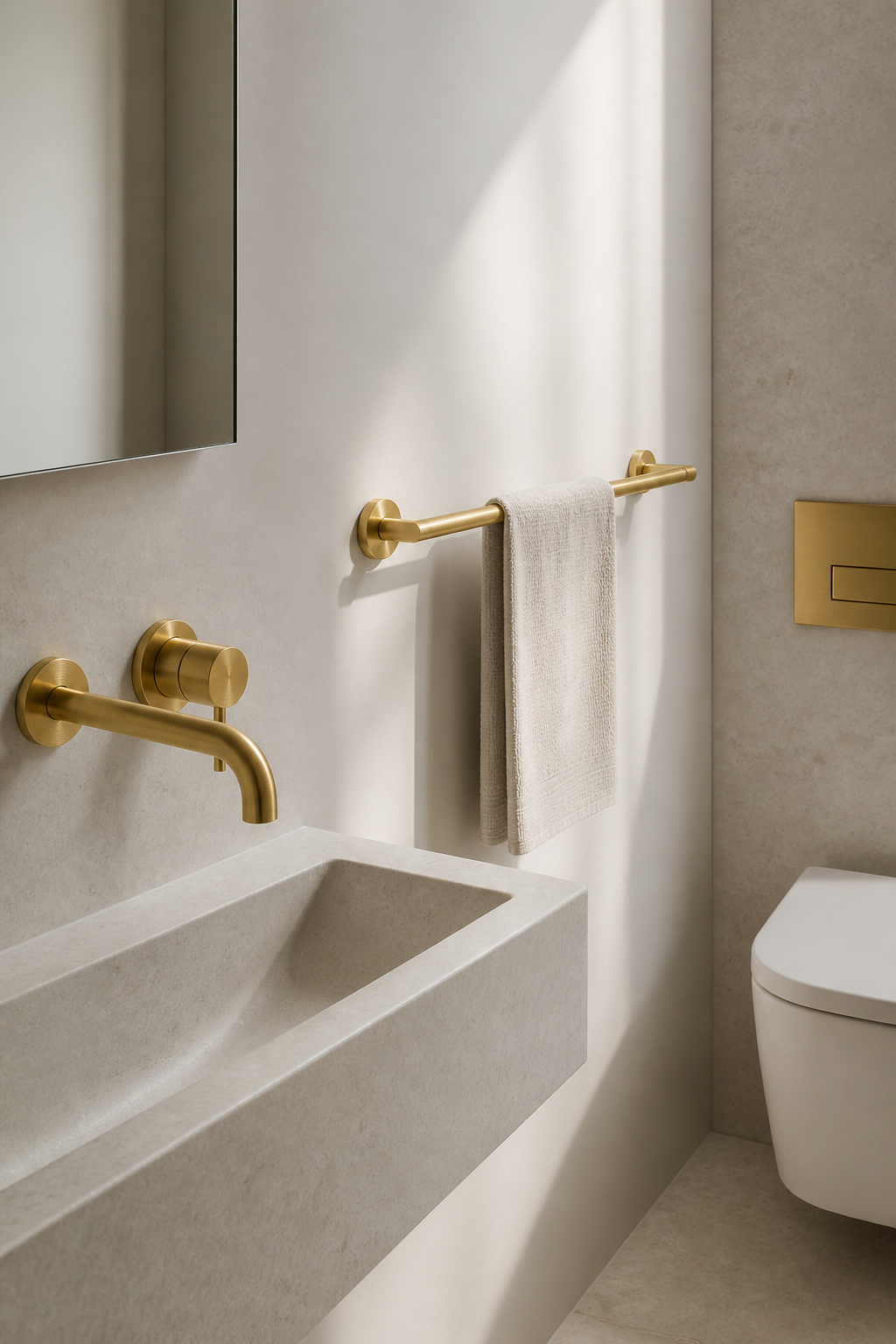 Three brushed brass touch points — tap, towel bar, flush plate — all from the same manufacturer, all in exact PVD finish match.
