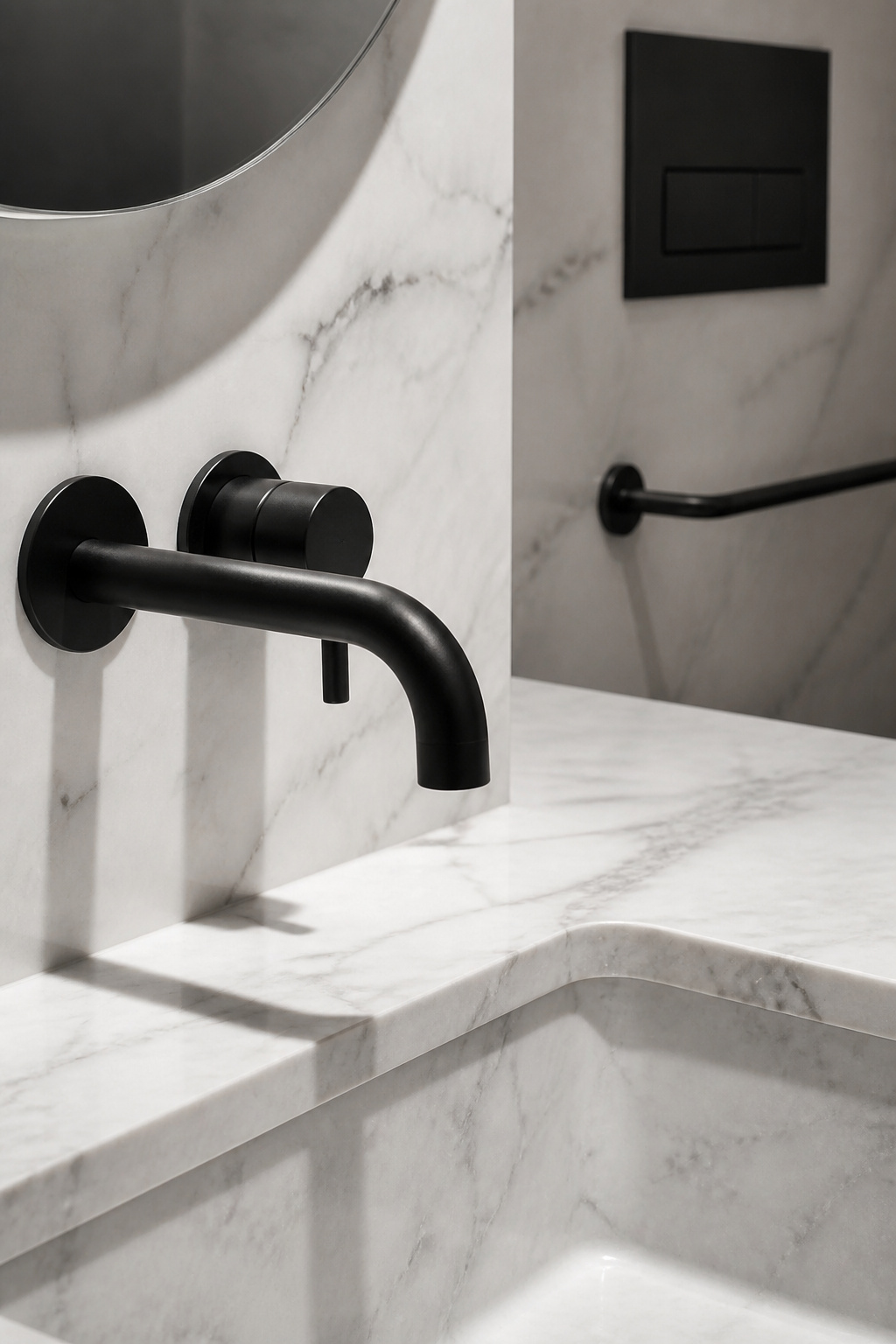 Matte black wall-mounted tap against a Calacatta marble countertop — the contrast between flat metal and polished stone is the whole design statement.
