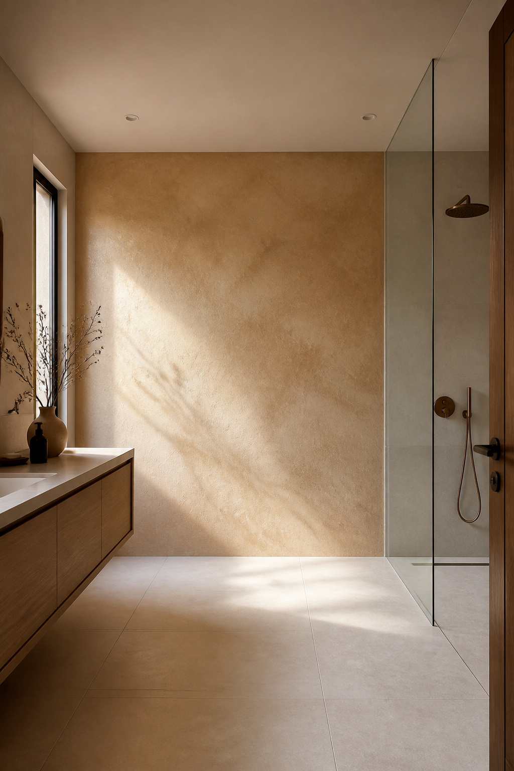 One tadelakt plaster wall against smooth porcelain tile — the texture contrast does all the work, and nothing else needs to try.