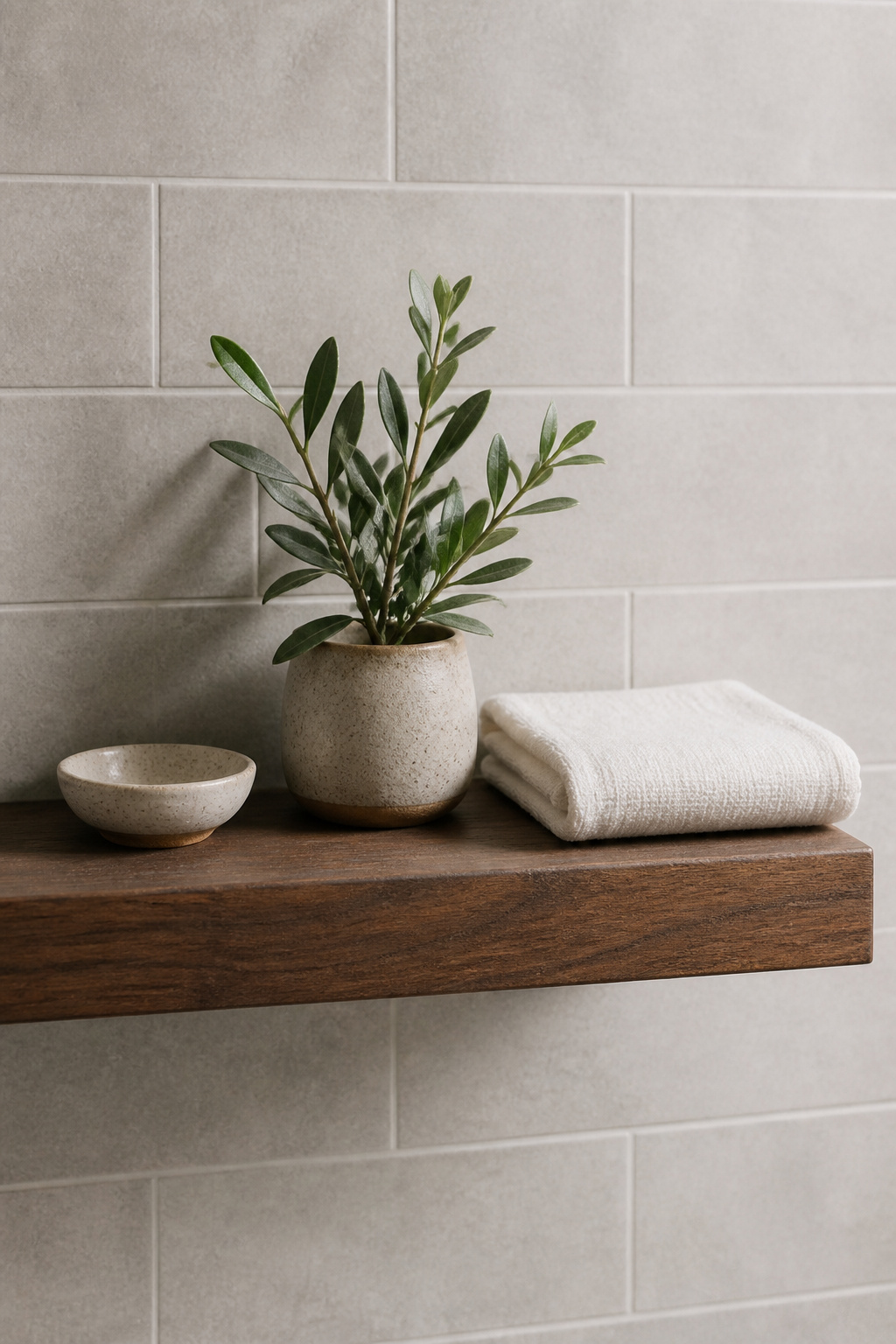 A single sealed walnut shelf carries only three objects — a ceramic soap dish, a small plant, and one folded towel. That's the Nordic approach to open display.