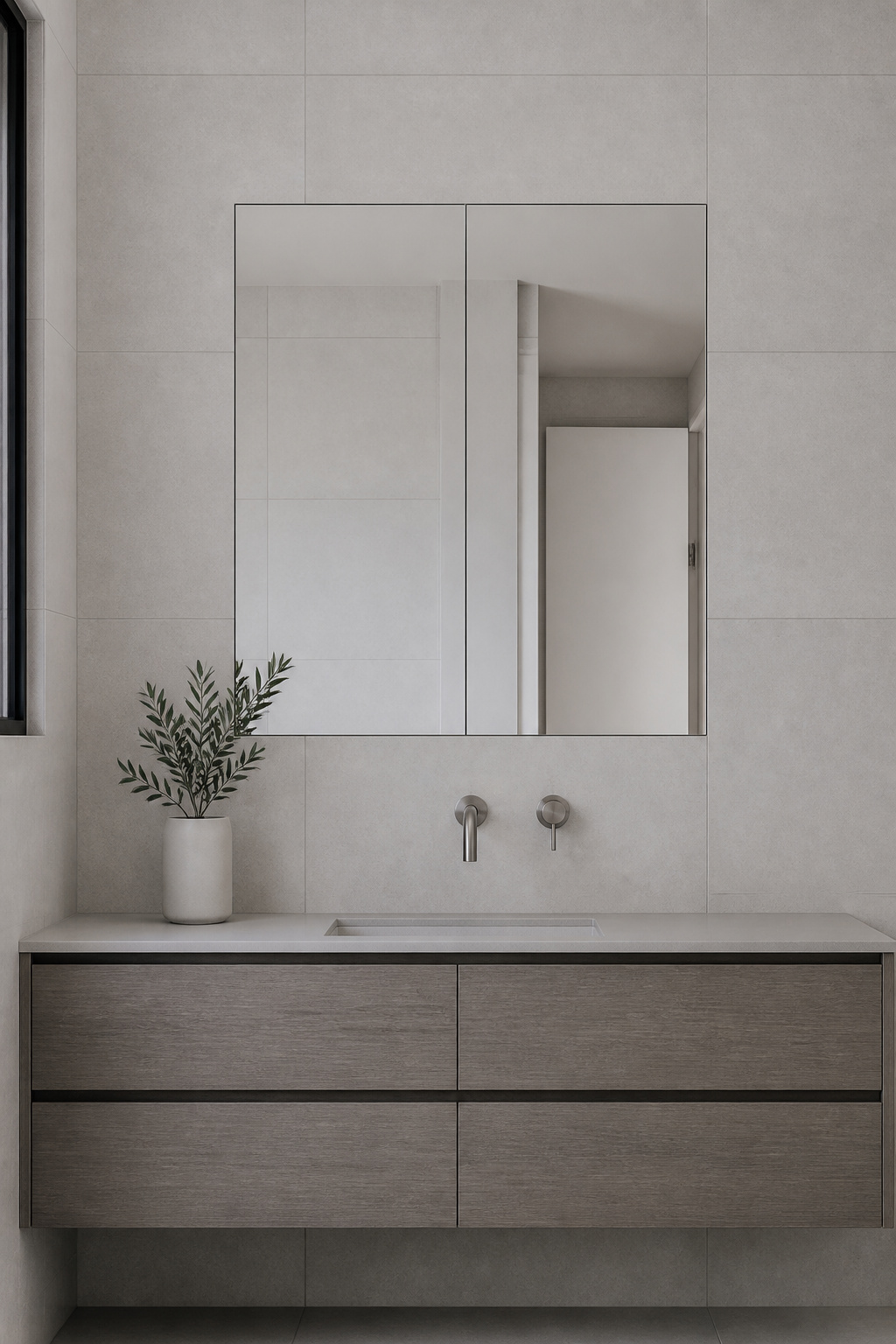 A recessed mirrored medicine cabinet sits perfectly flush with the surrounding tile — from across the room, it reads as just another surface.