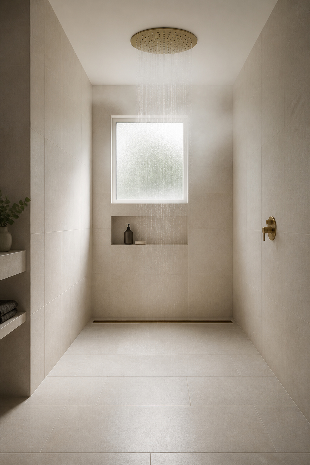 An open wet room with a ceiling-mounted rainfall head and a flush linear drain along the wall base — no screen, no frame, just tile and water.
