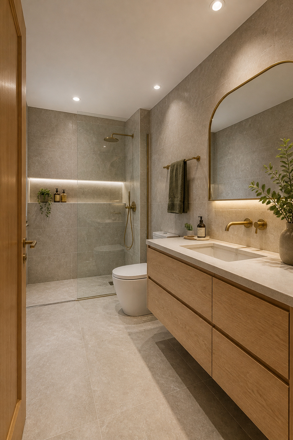 Three materials in clear hierarchy — stone-look porcelain covering most surfaces, white oak as the warm secondary, brushed brass as the accent detail that ties it together.