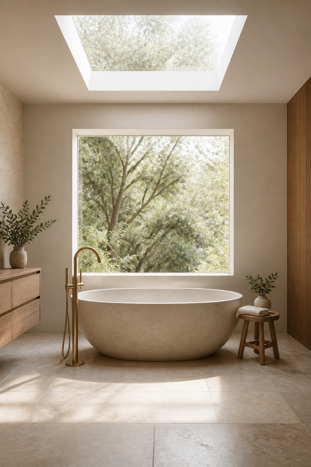 A matte stone resin freestanding tub sits beneath natural light with only a teak side stool for company — sculpture and plumbing in equal measure.