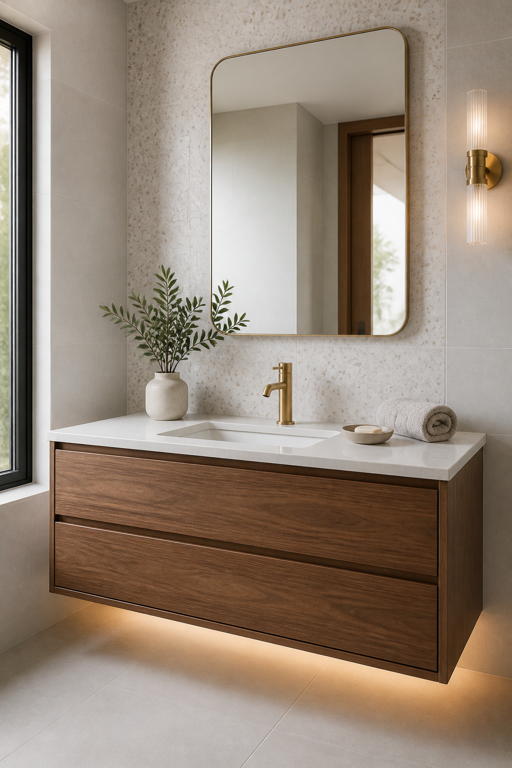 A wall-mounted walnut vanity floats above an unbroken tile floor, with brushed brass hardware and a single ceramic soap dish as the only accessories.