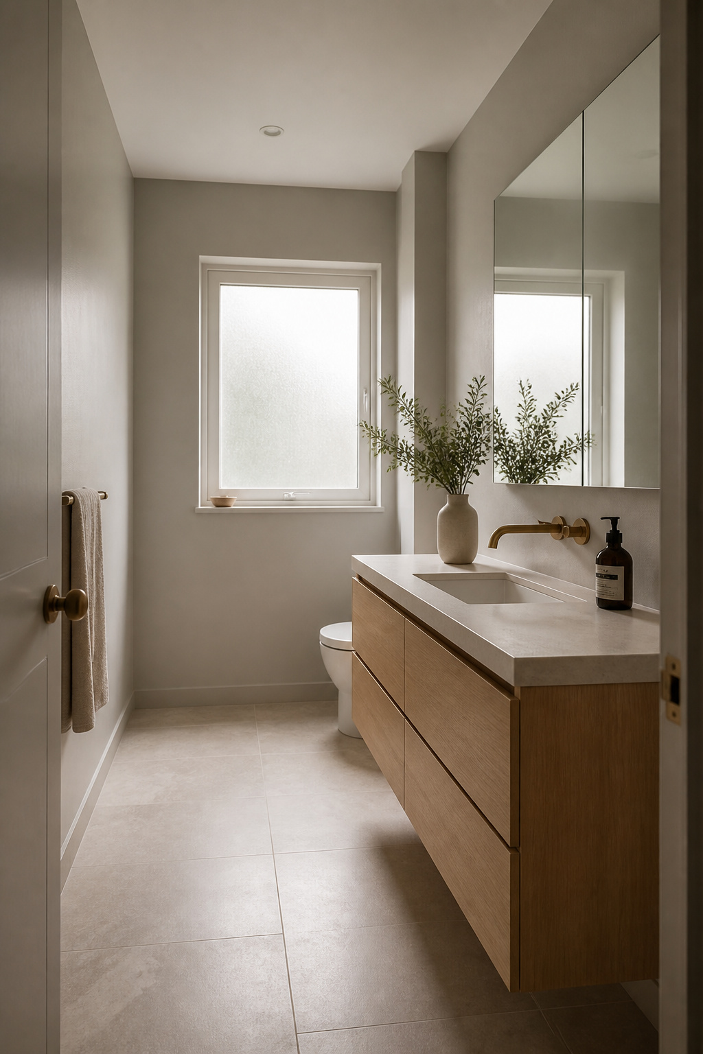 Farrow & Ball 'Elephant's Breath' on the walls, warm grey tile on the floor, white oak vanity — a palette that reads as modern but never cold.