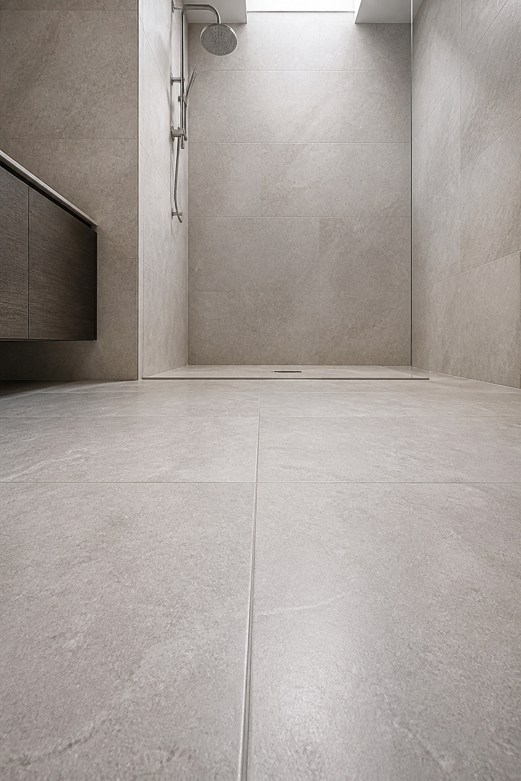 Large-format stone-look porcelain tiles in matching floor and wall format create a near-seamless surface that reads larger than the room's actual dimensions.