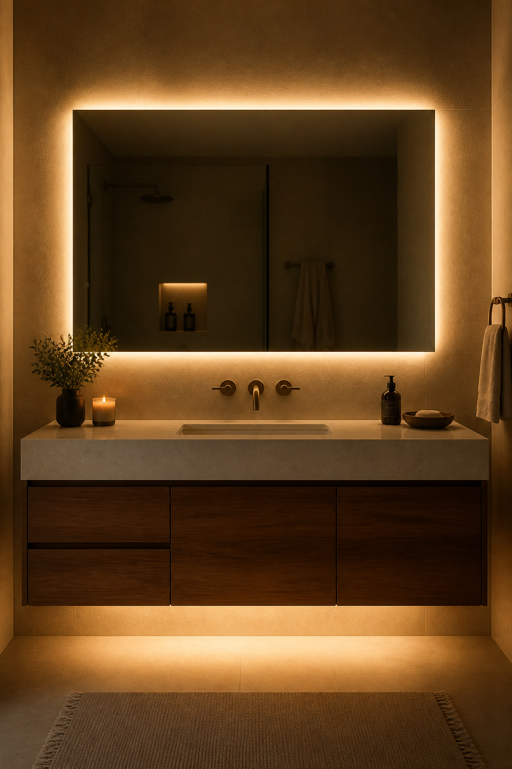A backlit mirror and under-vanity LED strip transform a standard bathroom into a spa-like space at the switch of a dimmer.
