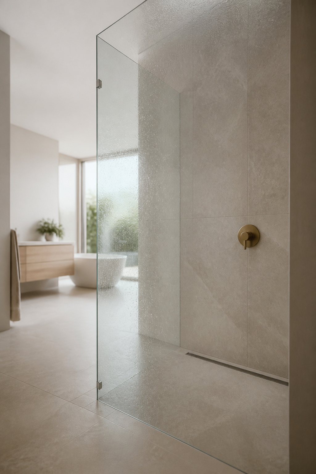 A single frameless glass panel with a pivot hinge — no frame profiles, no channels, just glass and tile in a continuous visual field.