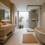 The full composition of a modern bathroom decor renovation — floating vanity, frameless shower, freestanding tub, and matte black hardware unified under a warm greige monochromatic palette.