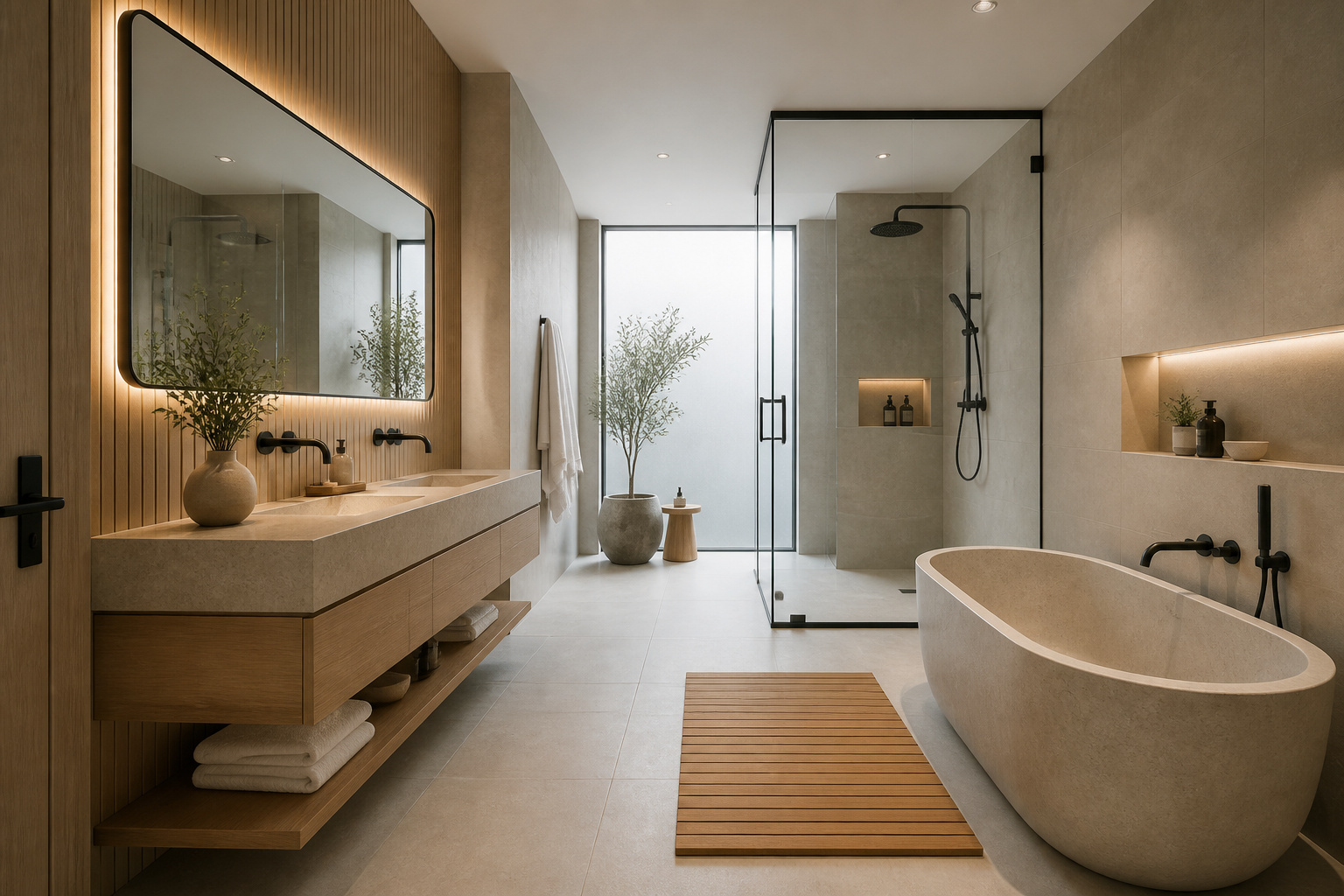 The full composition of a modern bathroom decor renovation — floating vanity, frameless shower, freestanding tub, and matte black hardware unified under a warm greige monochromatic palette.