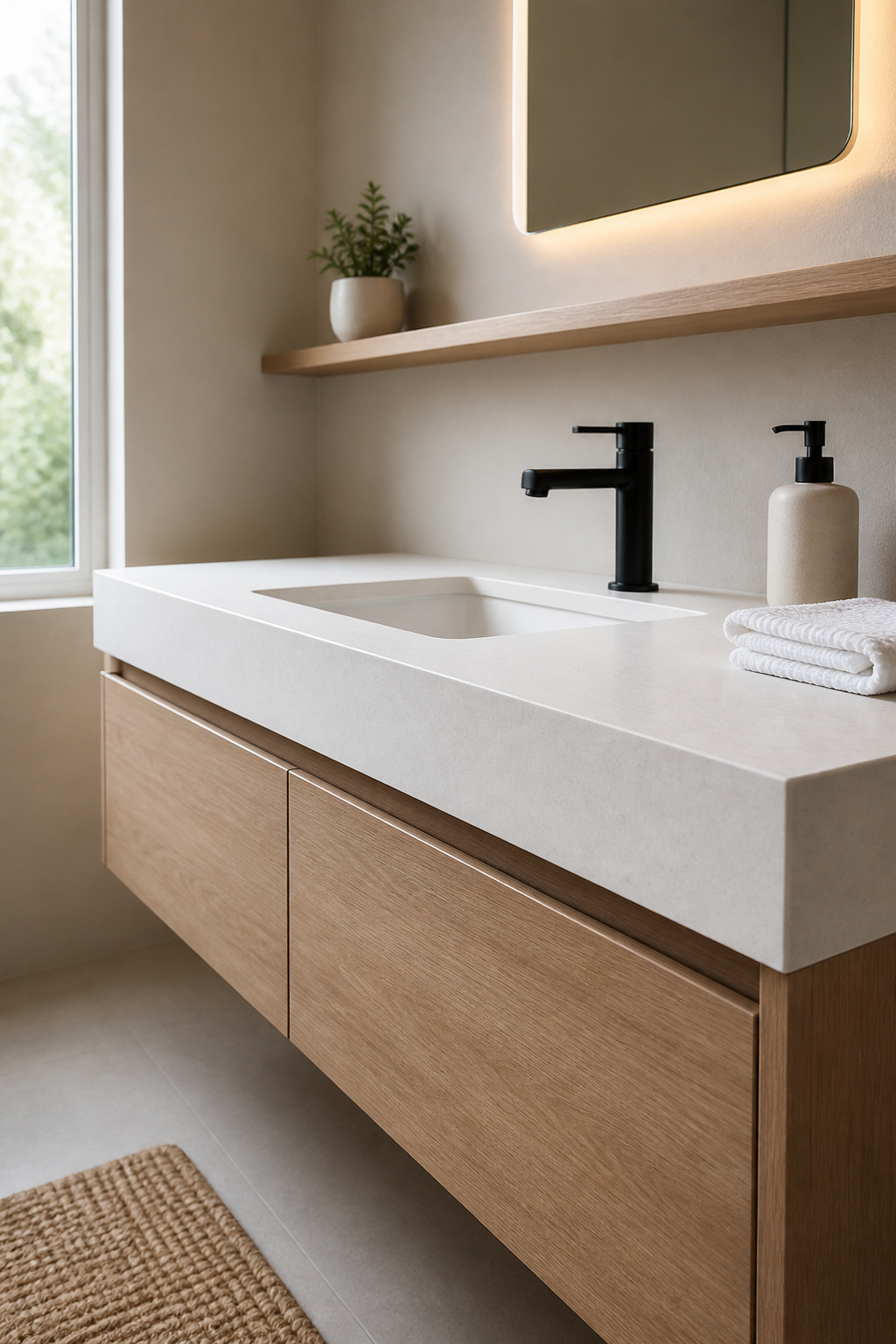A wall-mounted floating vanity in a warm greige bathroom — the exposed floor beneath and clean countertop surface are the defining moves of modern bathroom decor.