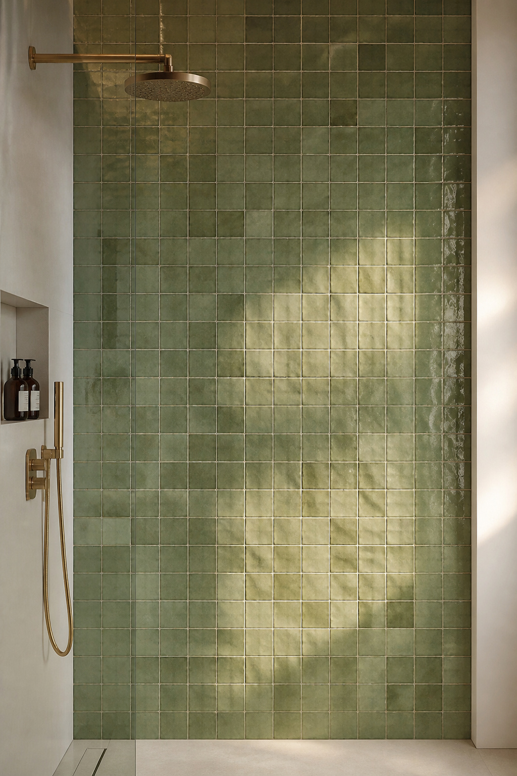 A full wall of authentic sage zellige tile in the shower — each tile unique in glaze and surface, a detail that mass-produced tile cannot replicate.