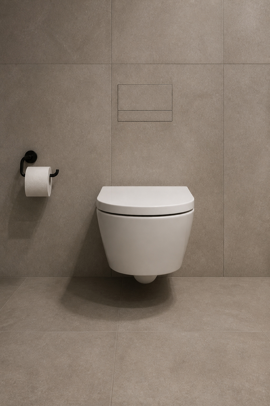 The wall-hung rimless toilet — floor completely clear, flush plate flush with tile, the most unambiguously modern sanitary choice available.