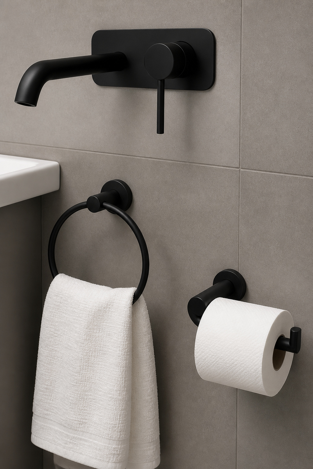 PVD matte black hardware across tap, towel ring, and toilet roll holder — a unified finish that ties the room together without demanding attention.
