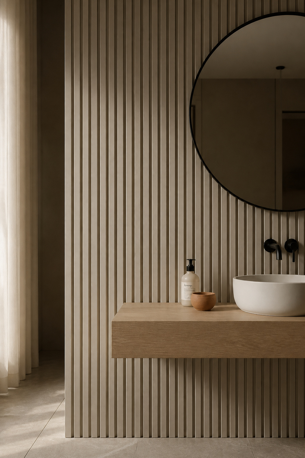 Fluted wall panels painted in warm greige add shadow depth and material interest without introducing colour — the shadows shift through the day as the light changes.