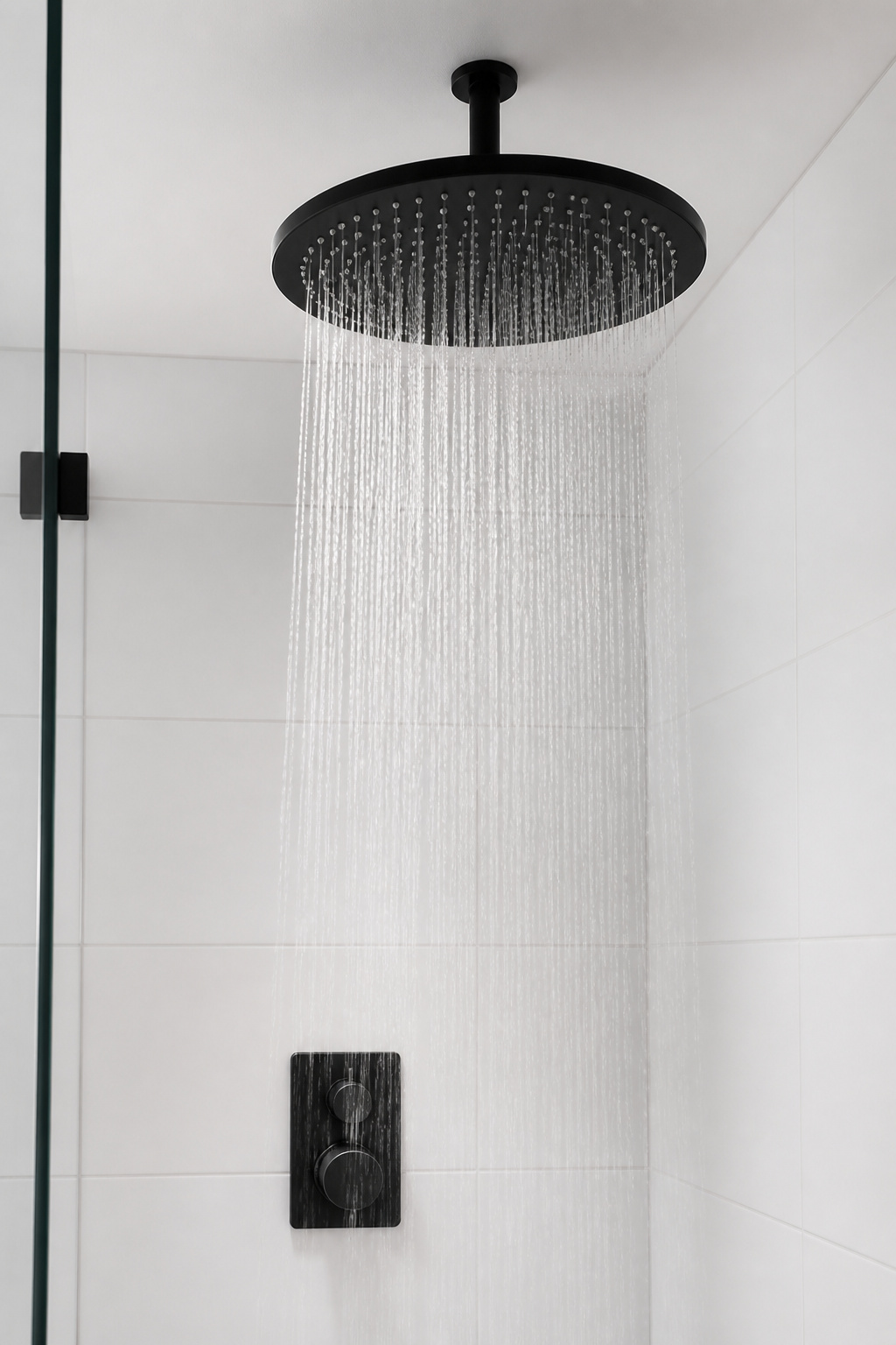 A 300mm ceiling-mounted rainfall head in matte black — the supply pipe concealed within the ceiling, the head itself the only visible element above.