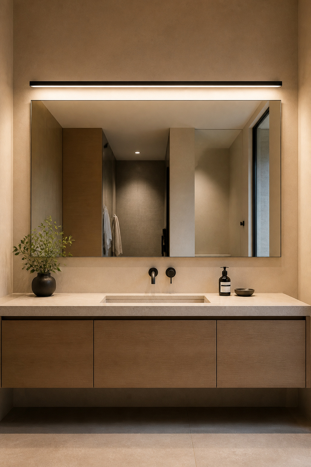 A linear LED bar light above the mirror at head height illuminates the face from the ideal angle — the same principle used in professional grooming studios.