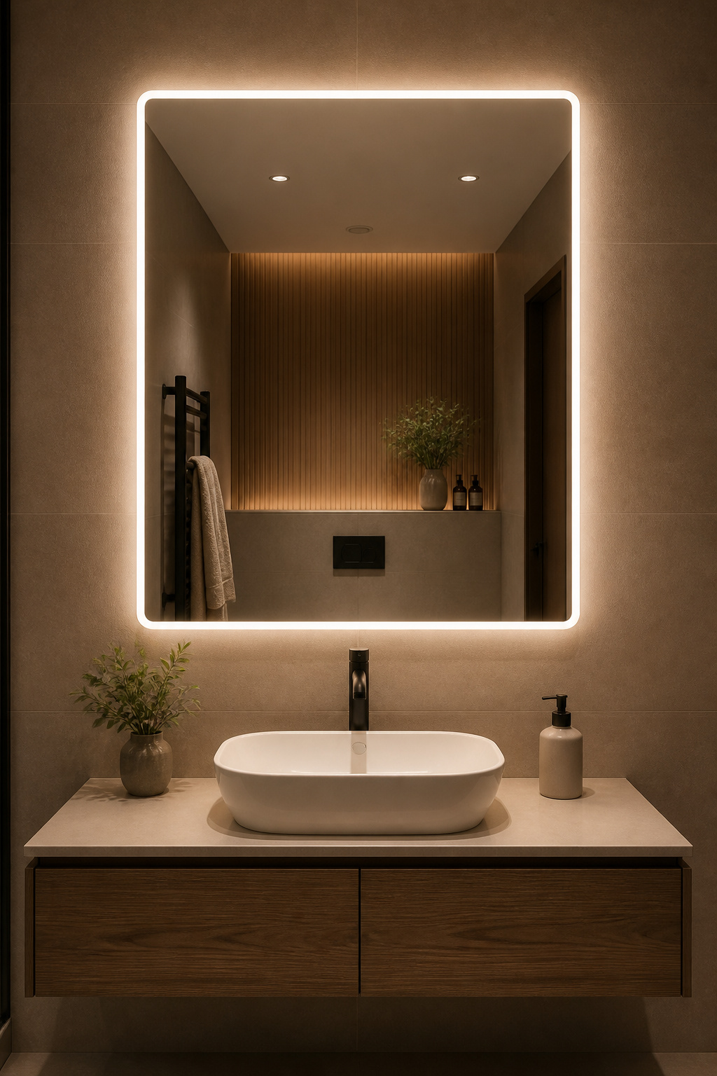 An LED backlit mirror at 4000K illuminates the vanity with even, accurate light while doubling as ambient lighting — the simplest upgrade with the most consistent daily impact.