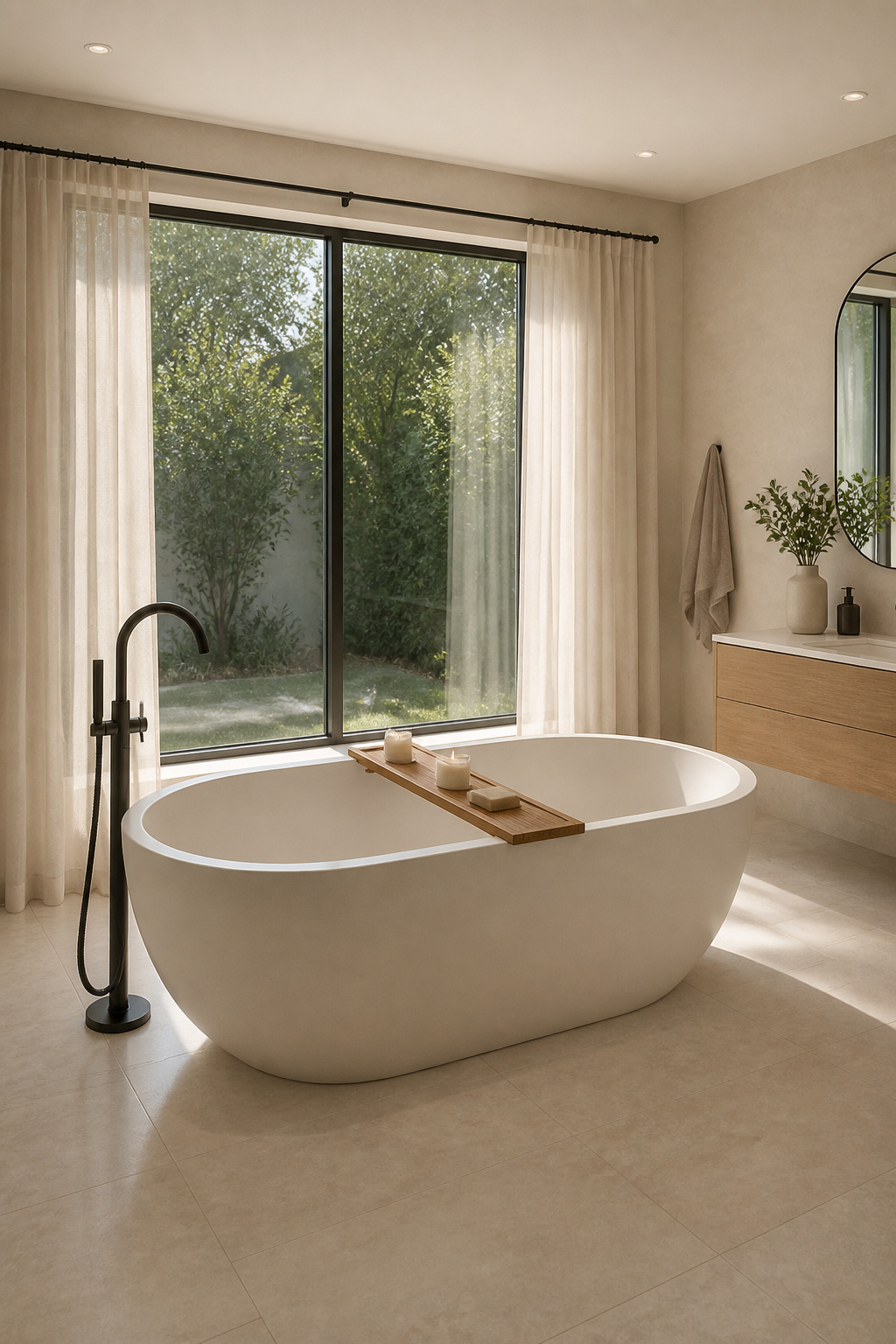 A stone resin freestanding tub in matte white sits as a considered furniture piece — the clear space around it is as deliberate as the tub itself.