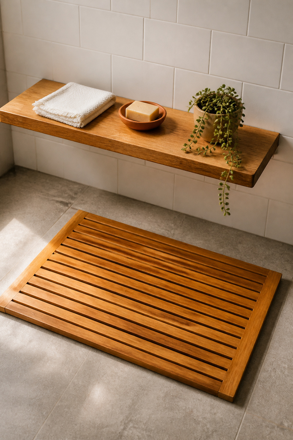 Teak — with its natural oils and 50-year lifespan — is the most practical natural material for modern bathroom design, and the most visually grounding against cold tile surfaces.