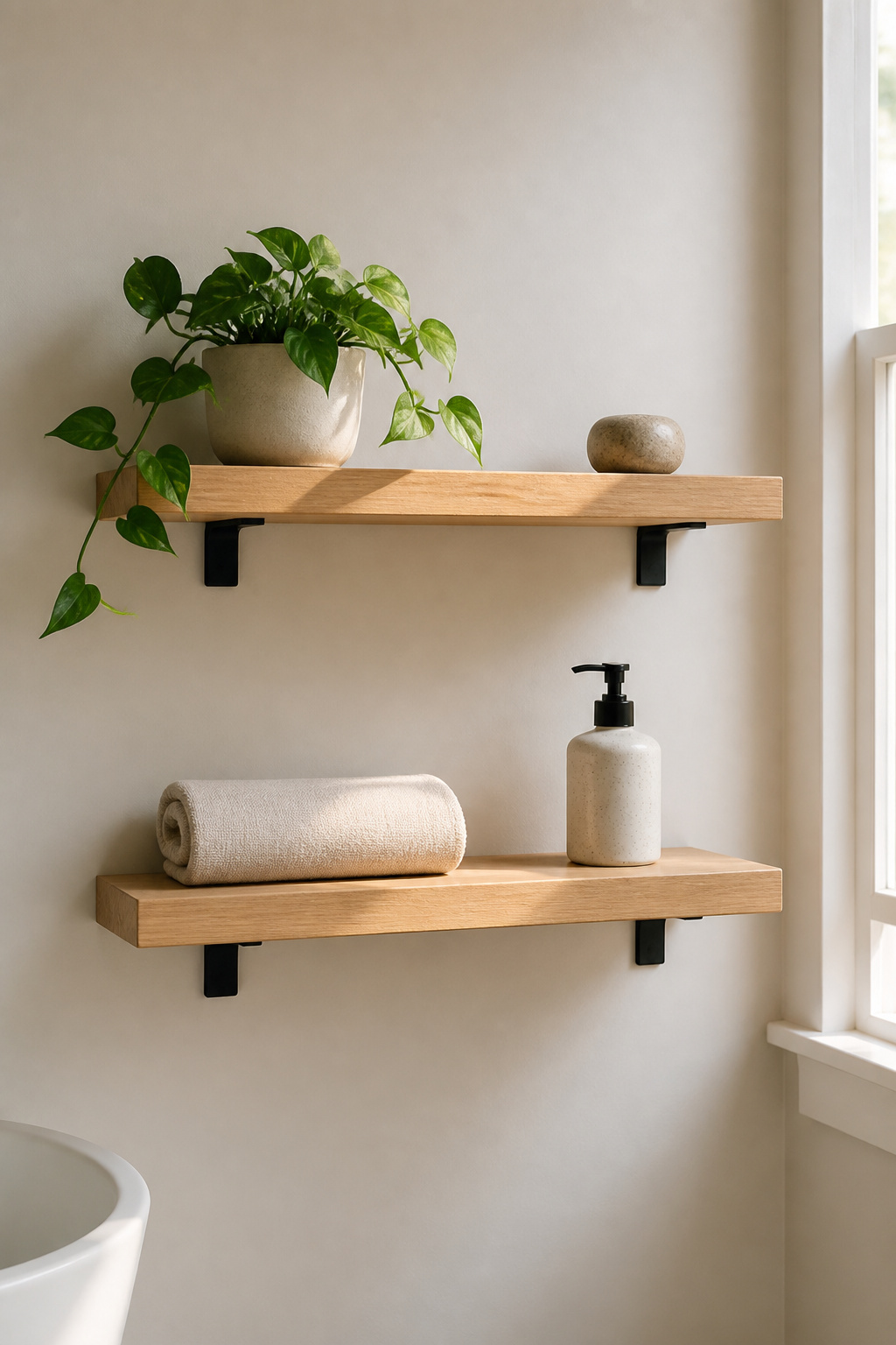 Three items per shelf, no more — the editorial discipline that keeps open bathroom shelving looking intentional rather than accumulated.