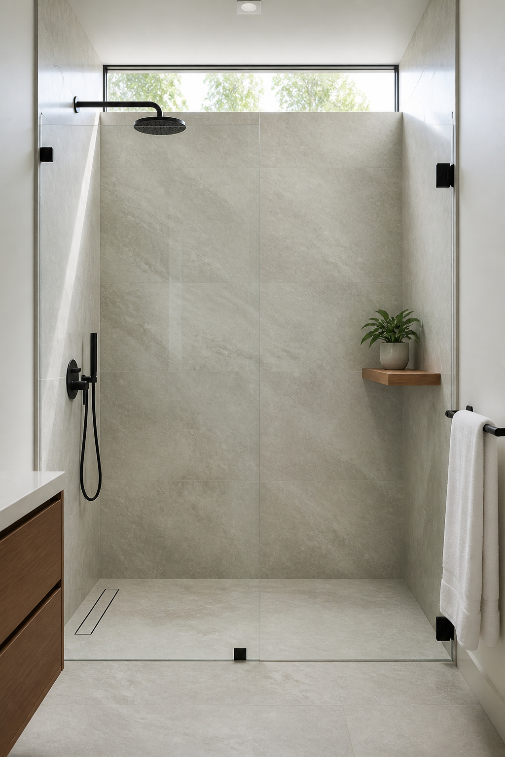 A frameless glass enclosure disappears into the tile background — the shower becomes part of the room rather than a box inserted into it.