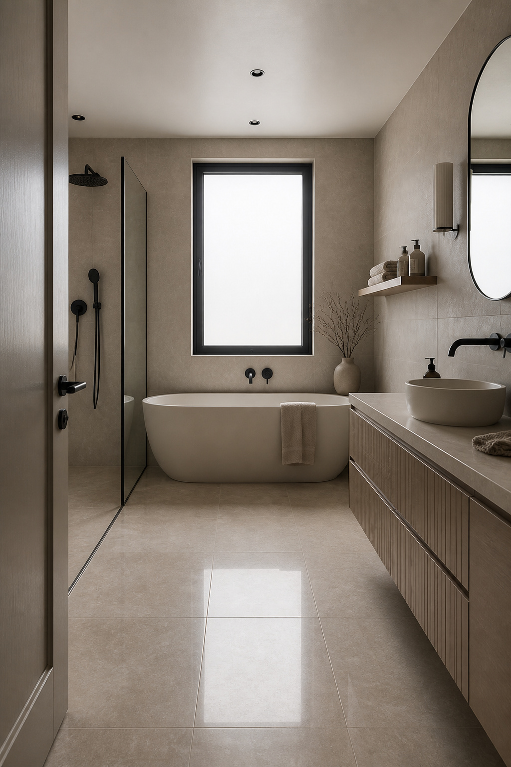A warm greige monochromatic scheme — walls, floor, and cabinetry in layered tones — where texture takes on the visual work that colour would otherwise do.