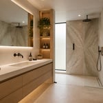 A complete modern bathroom decoration scheme in warm Nordic materials — oak, stone, aged brass, and frameless glass — that demonstrates how restraint and quality of selection produce better results than quantity of decoration.