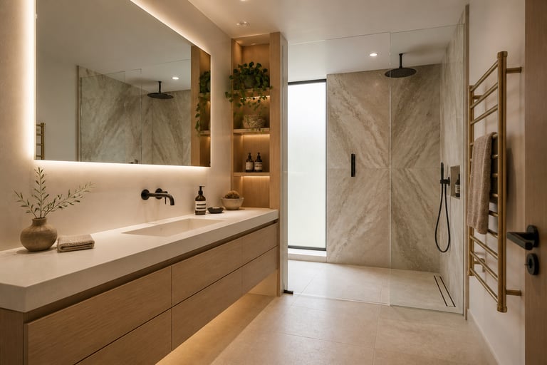 A complete modern bathroom decoration scheme in warm Nordic materials — oak, stone, aged brass, and frameless glass — that demonstrates how restraint and quality of selection produce better results than quantity of decoration.