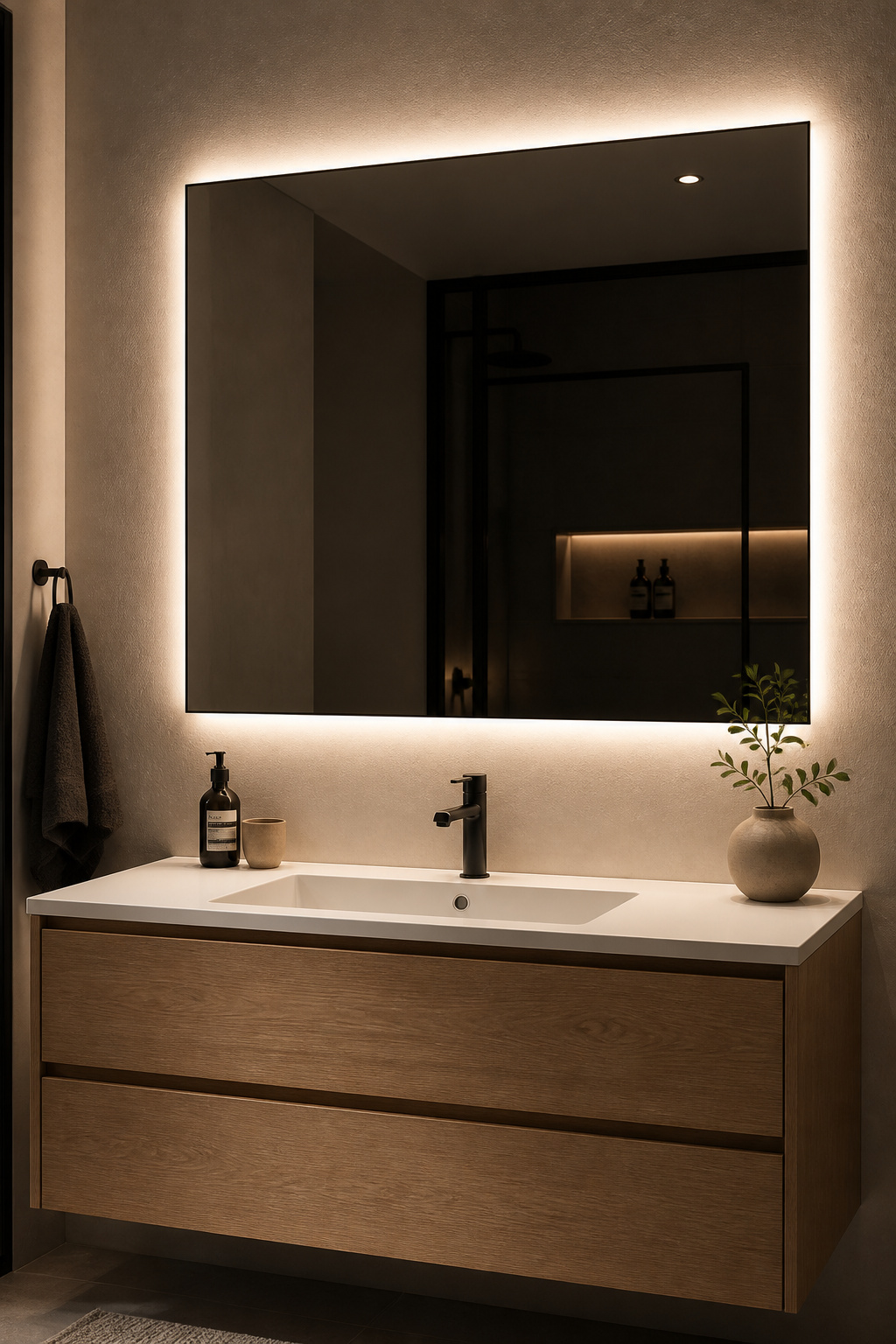 A tunable-white backlit mirror with an integrated demister pad changes the functional and aesthetic register of a bathroom — morning clarity and evening warmth from a single fitting. The colour temperature decision is less obvious than it first appears. Warm white at 2700K is cosy and relaxing — excellent for an evening bath, but it shifts colours slightly yellow, making accurate grooming difficult. Neutral white at 4000K provides accurate colour rendering without the clinical edge of cool white (6000K, which should be avoided entirely in a domestic bathroom — it's unflattering on skin tones). The best option is a tunable white mirror with both settings, now widely available at mid-range price points, which allows you to shift between warmth for evening and clarity for morning use. For a broader look at how lighting choices transform the whole space, bathroom vanity lighting ideas to illuminate your space covers the full picture of fixture placement and temperature strategy.