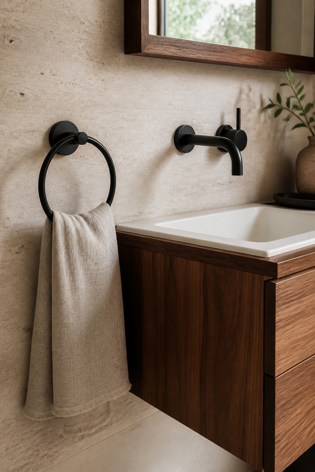 Matte black hardware in PVD finish pairs with warm walnut cabinetry to create a contemporary bathroom palette built on contrast and restraint. The combination that works best is matte black against warm wood tones. A matte black tap set against a walnut vanity top, or matte black towel hooks against a white oak cabinet, creates contrast without aggression. The black acts as punctuation — it defines the lines without overwhelming the composition. Where it tends to go wrong is when matte black hardware is paired with cold white gloss tiles and chrome showerheads — all the elements compete for dominance and none wins.