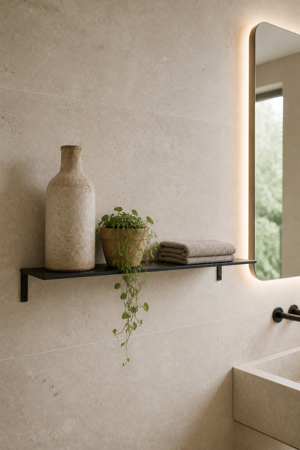 Three items on a powder-coated steel shelf — one tall ceramic, one plant, one towel — demonstrate the restraint that separates open shelving that looks designed from open shelving that looks cluttered. The working principle for Nordic-style bathroom shelving: restrict each surface to a maximum of three items. That limit feels severe until you apply it — a single ceramic vessel, a small plant in a matte terracotta pot, and a clean-folded face towel is a better composition than anything busier. The empty surface that remains is not wasted space; it's the visual breathing room that makes the present items read as considered rather than accumulated.