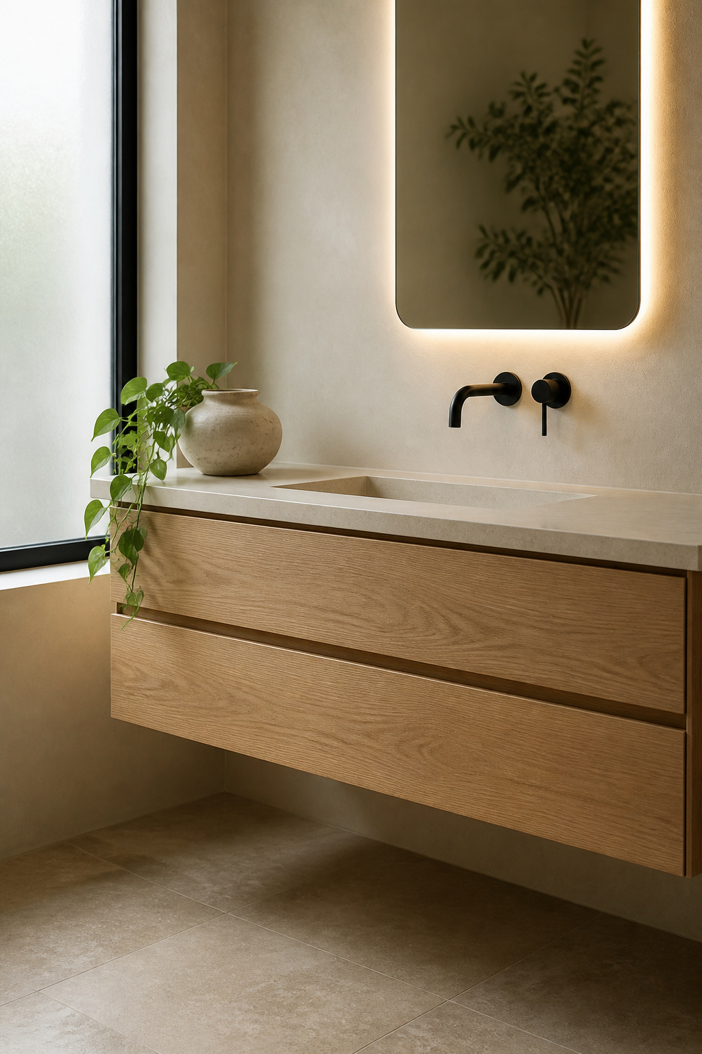 A beautifully proportioned floating oak vanity anchors a calm, Nordic-influenced bathroom that feels both functional and carefully considered.
