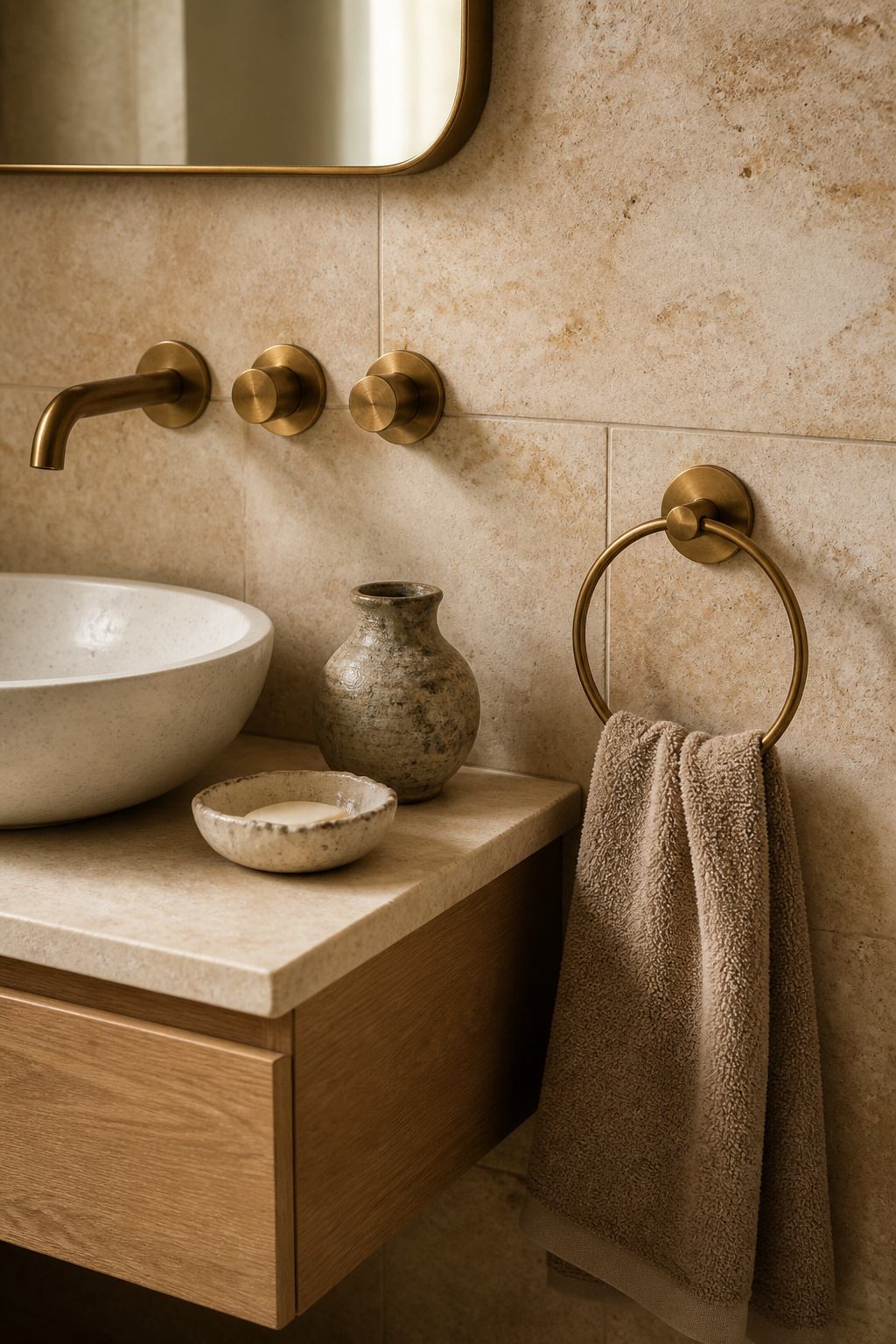 Aged brass fixtures in a muted, lived-in finish sit naturally alongside travertine, oak, and handmade ceramic — warm materials united by an earthy honesty. The reason aged brass reads as modern is material logic. Contemporary bathrooms tend toward natural, organic surfaces — limestone, oak, handmade tile, concrete. Aged brass has the same quality: it doesn't look manufactured or uniform. Its warmth picks up the gold veining in Calacatta marble, complements the grain of natural timber, and sits naturally alongside unpolished stone in a way that polished chrome cannot.