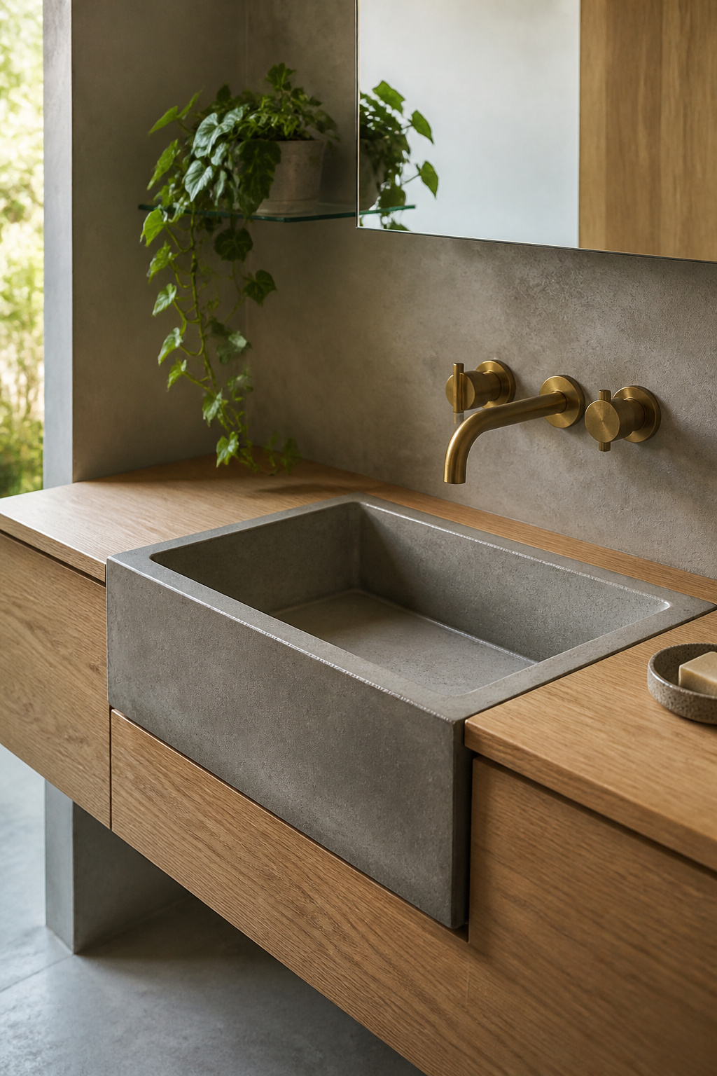 A precast concrete sink with aged brass wall taps brings honest, raw material quality to a contemporary bathroom without demanding specialist installation. No two concrete sinks are identical. The aggregate distribution in the mix, the depth of colour from pour to pour, the subtle texture of the finished surface — all vary, giving a concrete sink the same individuality as a terrazzo floor or a piece of handmade ceramic. It's a material that reveals its process rather than hiding it.
