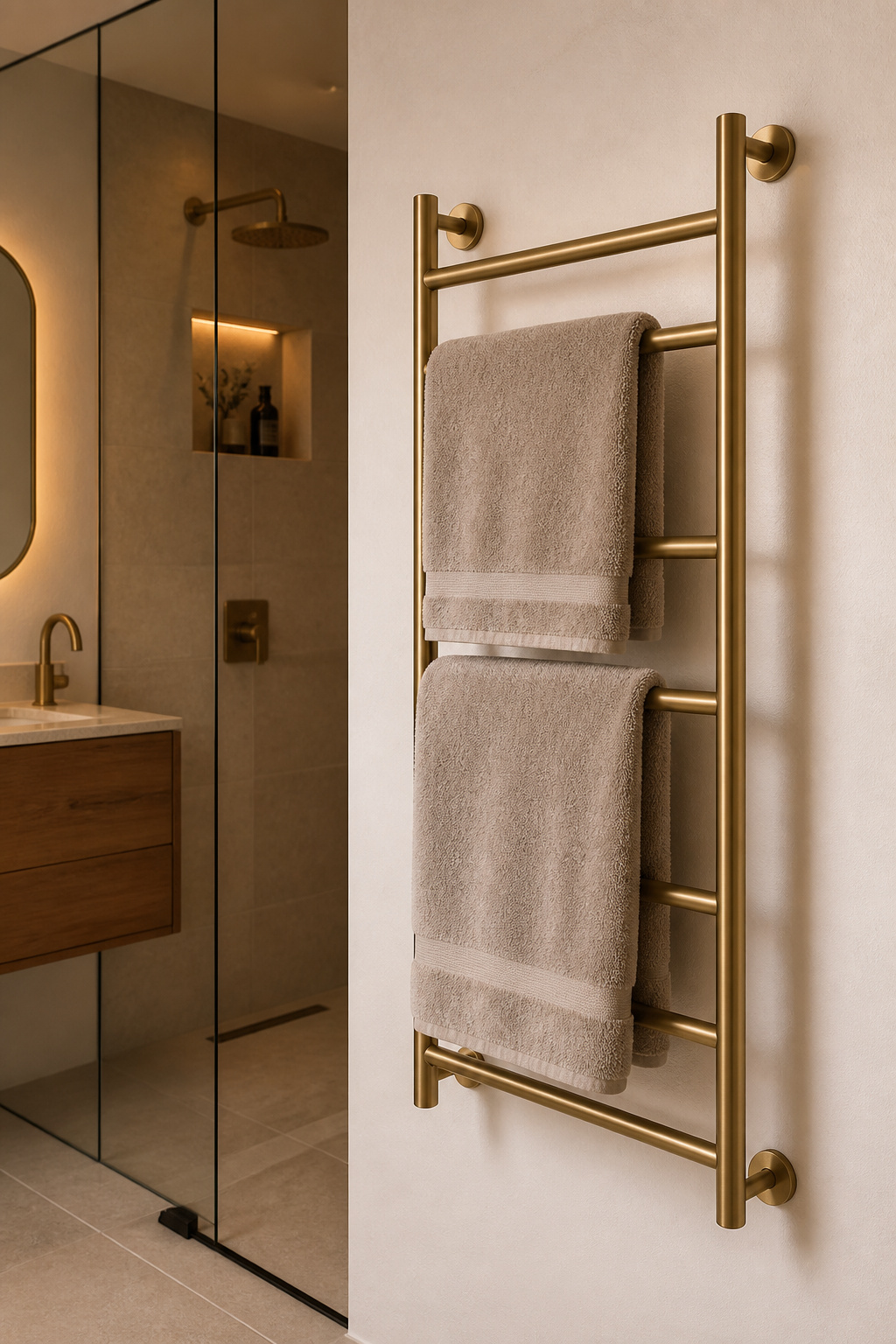 A ladder towel rail in aged brass finish at the right position relative to the shower is both the room's most functional fitting and one of its most considered design decisions. The choice between electric and hydronic depends on the home's existing infrastructure. Electric rails are simpler to retrofit — no plumbing connection required, they can be placed anywhere with an electrical spur, and they can be timer-controlled independently of the heating system. For existing homes where the renovation doesn't touch the central heating, electric is the practical choice. Hydronic rails run off the central heating system, more efficient when the heating is already running, but require a plumber to connect and are best specified in new builds or full renovations where the plumbing is being redone.